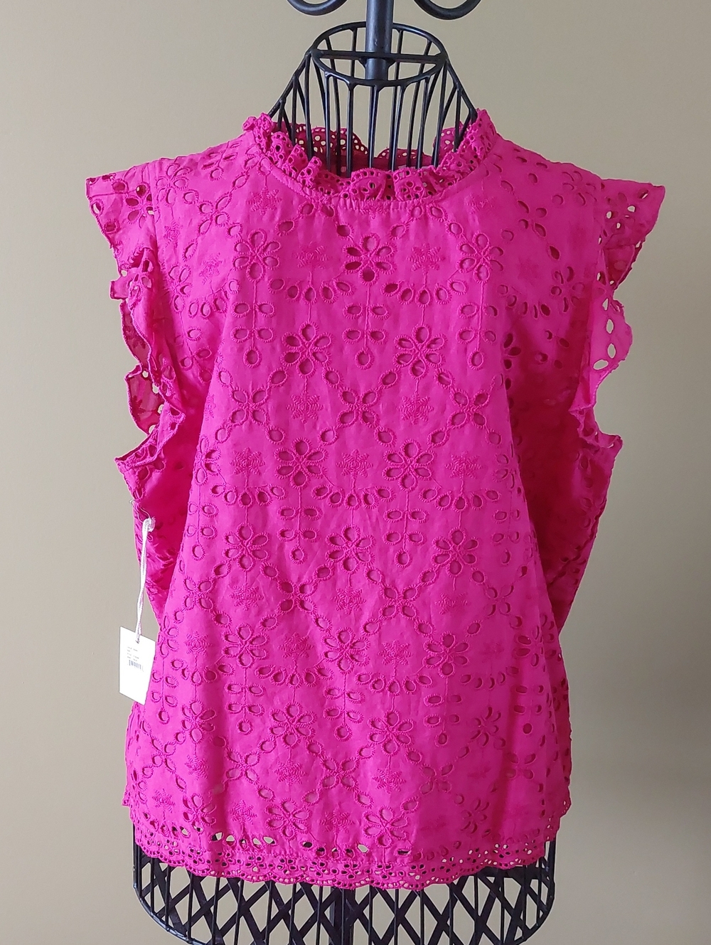 NWT, Jennifer & Grace, Eyelet Ruffle Sleeve Blouse in Hot Pink